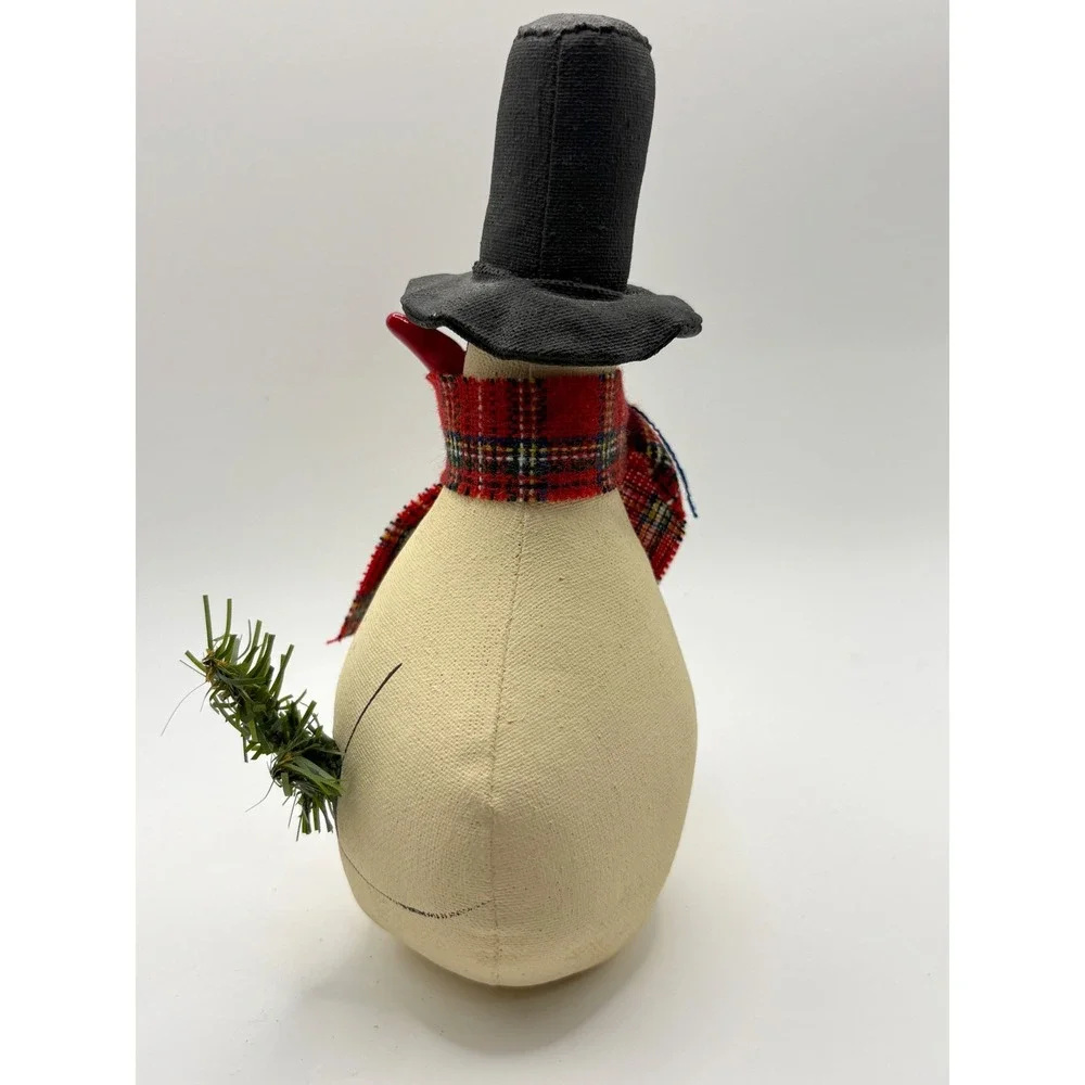 Vintage Handmade Primitive Snowman Red Plaid Scarf Black Hat Folk Art Christmas